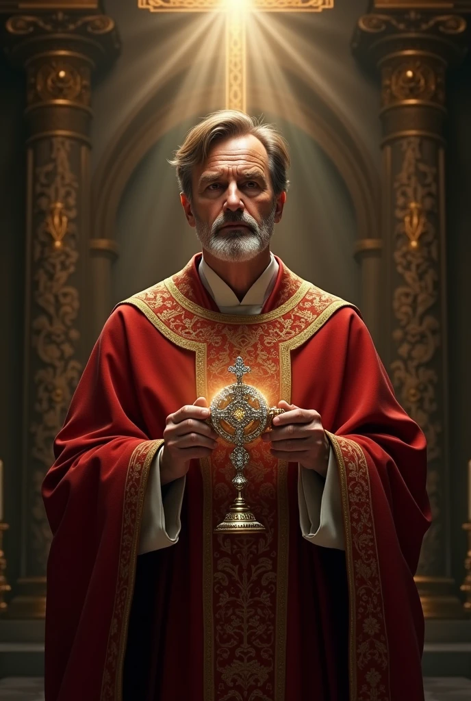 Create an image of a gentleman approximately 40 years old, half bald, with small beard, brown hair with red and white priest outfit , holding a monstrance of the Blessed Sacrament 
