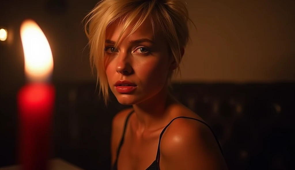 modern blonde 30 year old young woman, melbourne Australia, movie, wearing dress, short pixie hair, floppy hair, messy hair, looking sultry, cinematic, photo real,, backlit, panavision, depth of field, night time, sexy, bed, in a discreet club, 21st century, bar, (((horror movies)))