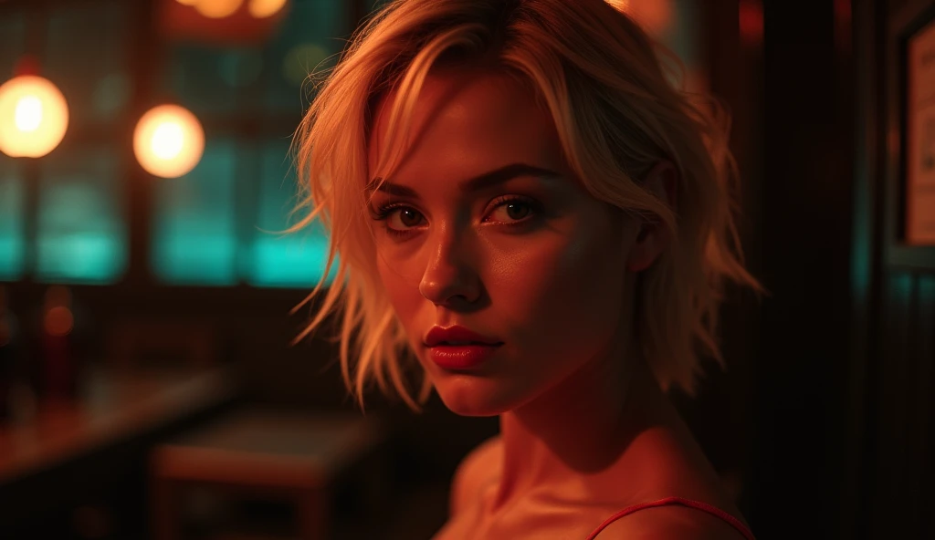 modern blonde 30 year old young woman, melbourne Australia, movie, wearing dress, short pixie hair, floppy hair, messy hair, looking sultry, cinematic, photo real,, backlit, panavision, depth of field, night time, sexy, bed, in a discreet club, 21st century, bar, (((horror movies)))