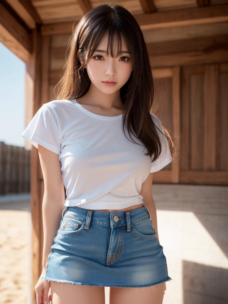 (************:1.4),(Very Young Face),japanese femes idol, 1girl, (absurdres, highres, ultra detailed, high resolution: 1.1) BREAK 1 girl, solo, medium breasts, shy, BREAK brown hair, medium hair, hair between eyes, brown eyes, BREAK T-shirt, denim miniskirt, white or pale pink or pale blue panties, BREAK pantydrop, standing, arm up, pussy, pussy line, BREAK nice hands, perfect hands,