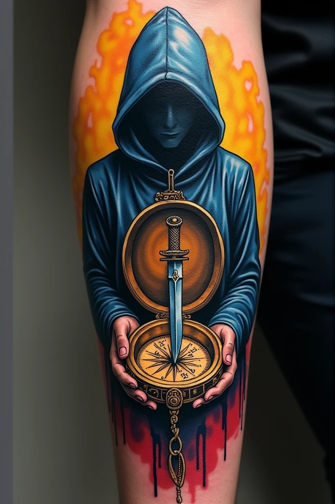 Create a tattoo with a magician holding a compass and inside the compass a knife pointing north with the colors of Colombia. For the forearm