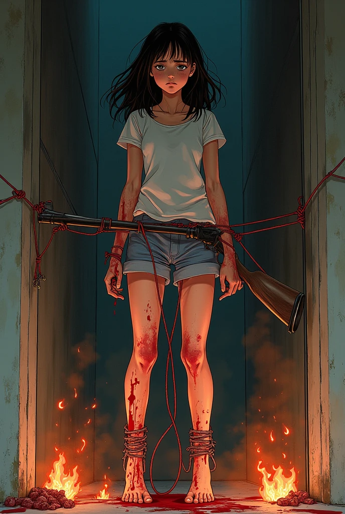 Make a  girl tied hand and foot with threads, and those threads are connected to the trigger of a shotgun. I want the drawing style to be like that of 80s animes. The girl has to be tied to a wall, on tiptoe, that the feet do not reach the ground. I want the threads to be visible, and the girl is depressed. Also that the girl is covered in blood and with flames of fire around her 