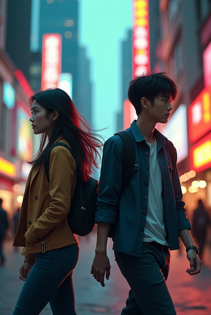 A young woman walking back to back with a young man in a city