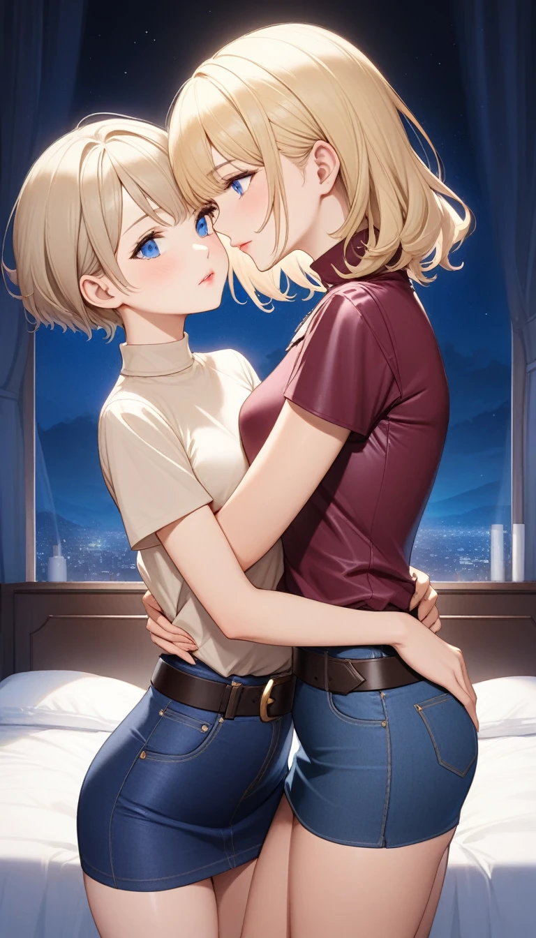 Two beautiful ladies ((lady 1: 35y old mom, with short straight blonde hair, lady 1 with blue eyes and caucasian skin, lady 1 wearing Tight Denim Skirt and Leather Belt, lady 1 Sexy Criss Cross Mock Neck Mid Sleeves Beige Blouse)), ((lady 2: y old daughter, with short straight blonde hair, lady 2 with blue eyes and caucasian skin, lady 2 wearing Tight Denim Skirt and Leather Belt, lady 2 Sexy Criss Cross Mock Neck Short Sleeves Burgundy Blouse)), luxurious jewelry, 18k gold wedding ring on left hand, standing in their bedroom at night, hugging and kissing each other, (light brown lipstick), (elegant mascara), (slim body), (small breasts), (wide hips), endjourney, <lora:GoodHands-, <lora:GoodLegs-, UHD, high resolution, (expressive eyes, perfect face, full body, expressive face, perfect body, perfect pussy, athletic, fit, slim body, blushing, Perfect makeup, eyeliner, beautiful eyelashes, smiling, horny face), ((best illumination, best shadows)), ((sexy pose)), ((Front pov:1.1))