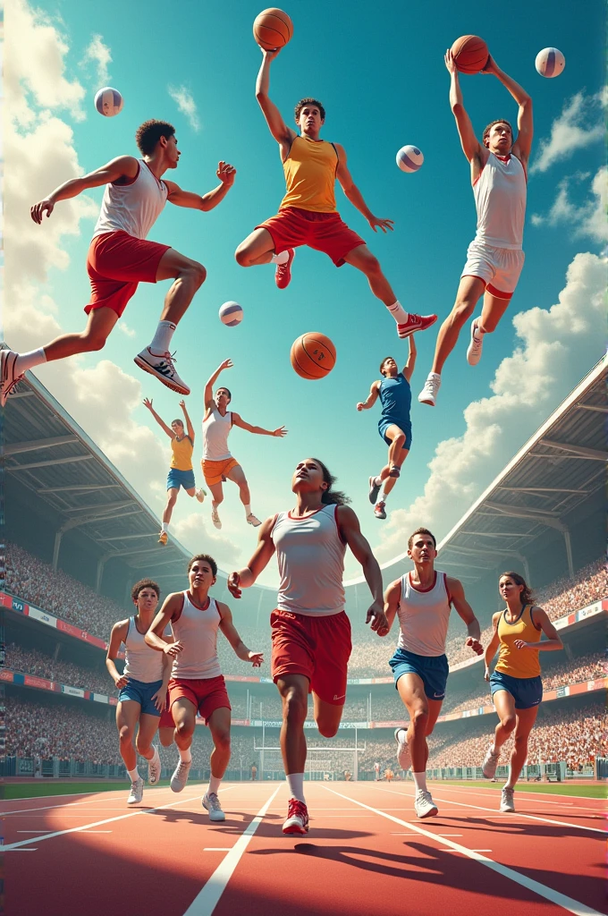 I want an image that is about the sports of basketball, futsal, chess, volleyball, athletics