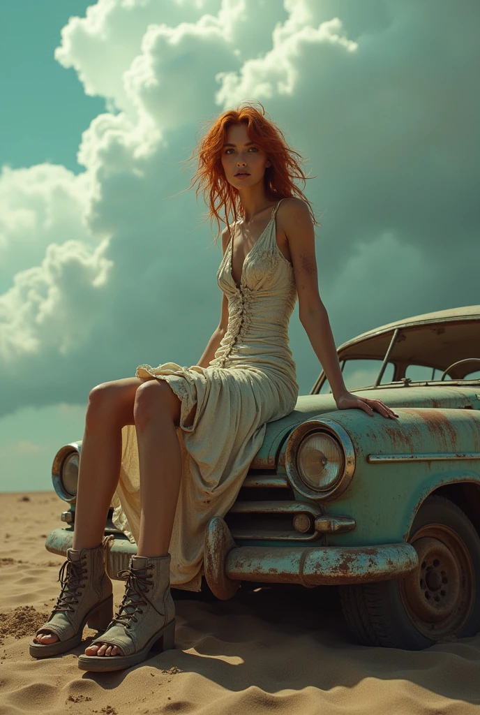 She was a vision, even in the desolate, sun-bleached wasteland. Her hair, once a vibrant cascade of red, was now a tangled, dusty mane, a stark contrast to the barren, gray horizon. Her skin, typically porcelain-smooth, was etched with grime and the harsh kiss of desert winds. Yet, her eyes, still an arresting emerald green, held a defiant spirit that belied the harsh conditions. Clad in tattered remnants of what was once a designer dress, she was a haunting juxtaposition of beauty and brutality. Her legs, once adorned with high fashion, were now scratched and scarred, but still bore the unmistakable mark of a model's grace. She sat atop a rusted, overturned car, her posture as regal as it would have been on a Parisian runway. A storm was brewing, the sky a canvas of angry hues. Wind whipped around her, carrying grains of sand that stung like needles. Yet, she remained unyielding, a statue of resilience in the face of impending chaos. In her hands, she clutched a makeshift weapon, a crudely crafted spear, a symbol of survival in this desolate world. She was a queen dethroned, a survivor in a world gone mad, and her beauty, though tarnished, was a beacon of hope in a landscape of despair.
