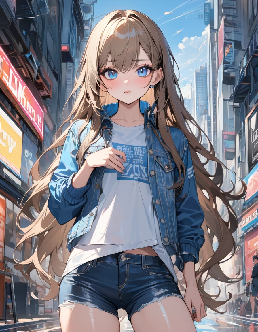 (masterpiece)、(absurdres)、(ultra detailed)、(8k)、solo lady、dark blonde hair:1.2,(straight long hair)、BREAK、(shiny blue eyes:1.0)、BREAK、(athletic)、[flat chest]、BREAK,Light-jacket,denim short-pants,BREAK,Modern city、BREAK,cowboy shot,