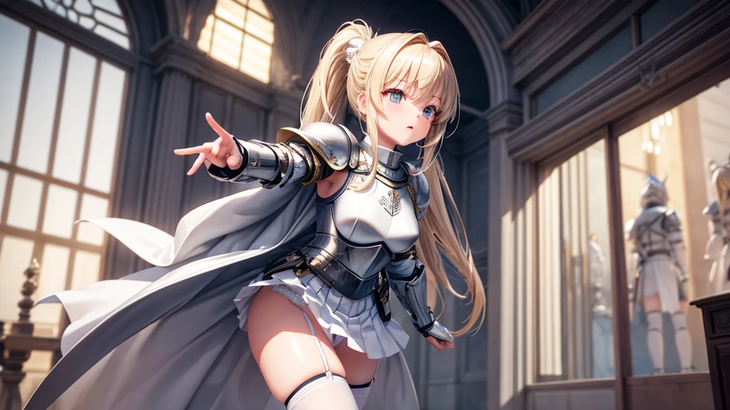 Highest quality, masterpiece, Ultra-high resolution, (Reality: 1.4), Original photo, 3d models & 3d anime, battlefield background, white skirt, blonde hair, female knight armor, white armor, White knight armor, long hair, bangs, white cloak, standing position, white underwear, white panties, skirt turned up, panty shots, blushing, glaring, medium length skirt, pounce pose, Blonde, ponytail, White knight armor, White Skirt, White Cape, White underwear, White panties, Skirt flipped up, Panty shot, blush, Glaring
