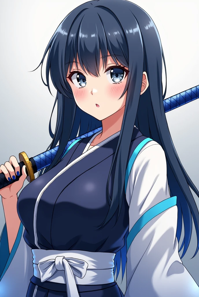 Kimetsu No Yaiba style anime woman with a medium size bust and wide waist.
Big gray eyes and long, straight navy blue hair.
Wearing the demon slayer’s oversized uniform. And a white belt
a katana with a blue handle and a white haori with light blue edges.
A confident expression on her face