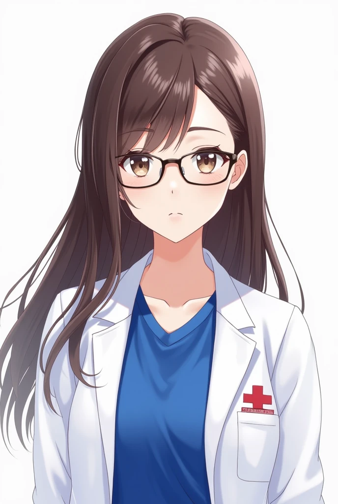 1girl, woman, focus on face and upper body, beautiful brunette, long hair, wearing a white doctor's coat, royal blue T-shirt and glasses, anime style, neutral emotion, transparent background