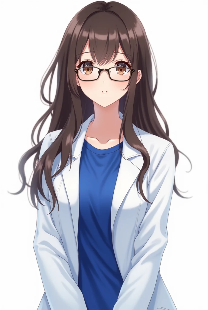 1girl, woman, focus on face and upper body, beautiful brunette, long hair, wearing a white doctor's coat, royal blue T-shirt and glasses, anime style, neutral emotion, transparent background