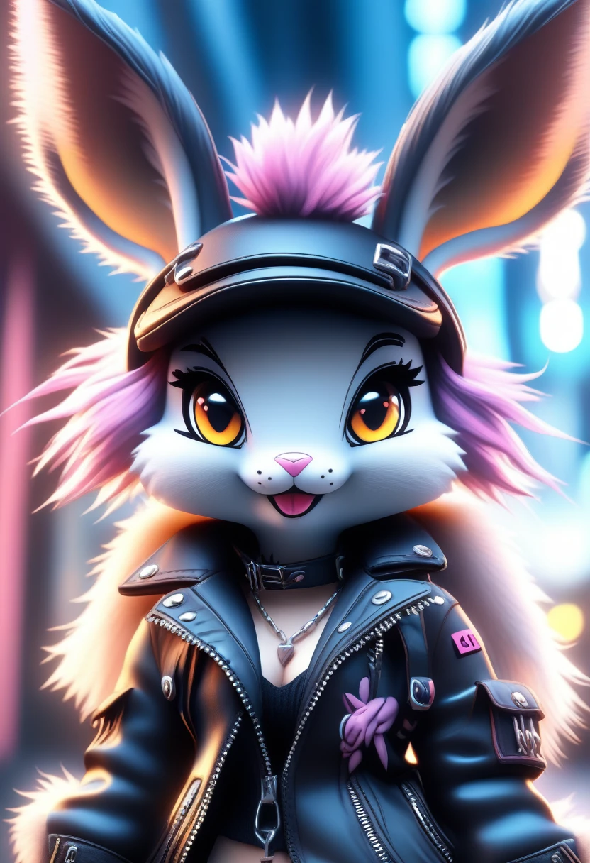 ((Masterpiece)), ((Best Quality)), (Very Detailed), ((Very Detailed)), 4K, (8K), very aesthetic, absurdres highres, 1 woman, (anthropomorphic Rabbit, furry, kemono:1.5), chibi, Draw a woman with the style of a (Punk Fashion:1.5), Black Leather Jacket,