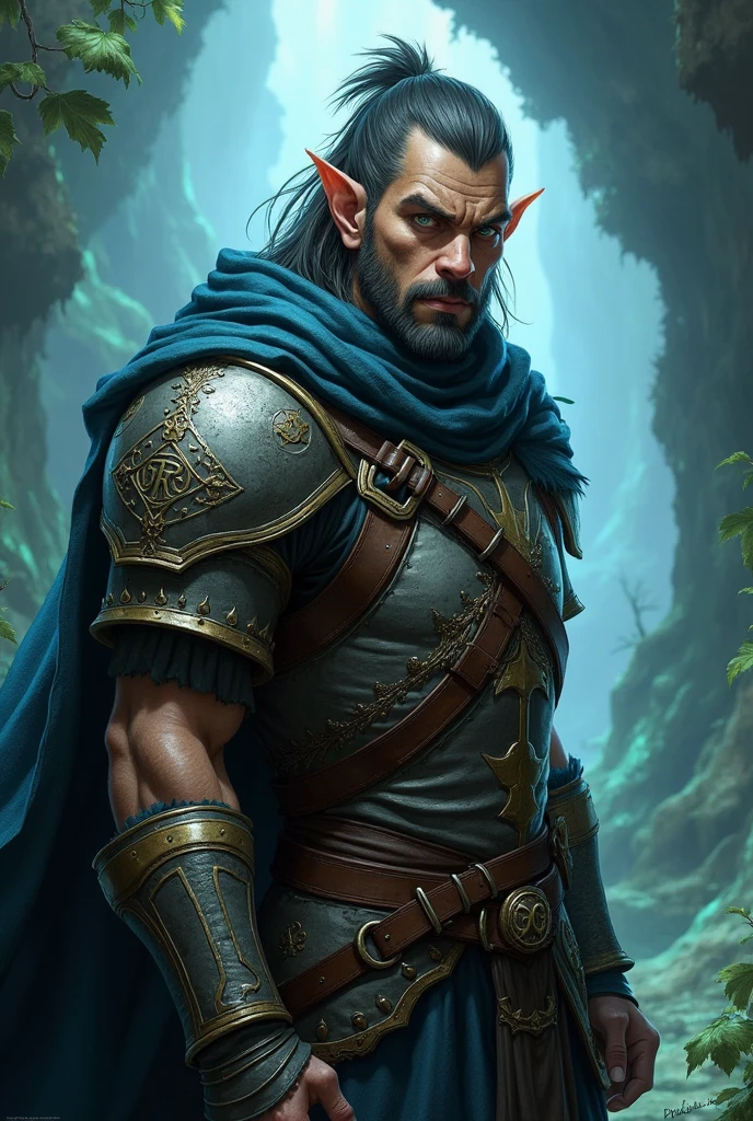 Create an image of a half-elf male character, Half Orc, light blue, set in the game Dungeon And Dragons, call ir The netherdeep, wildemount. The character must be wearing level 3 character armor.