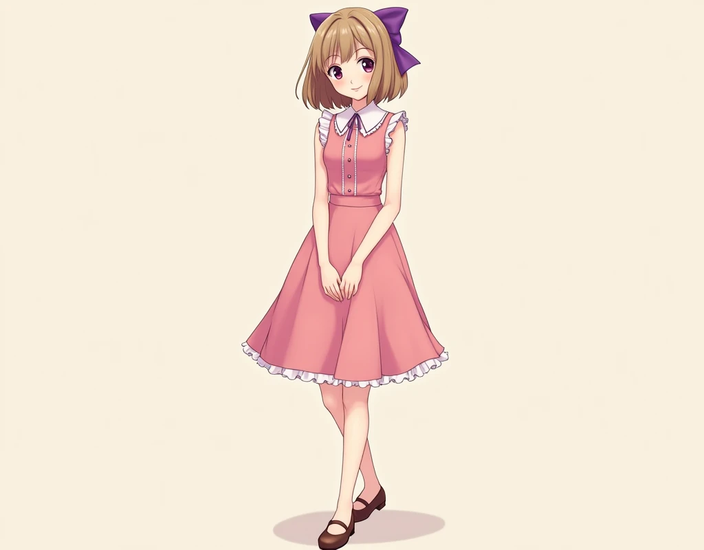 anime girl with shoulder length light brown hair, purple bow in hair, wearing a 1950s-styled sleeveless pink dress with peter pan collars and hemline above the knees, a pair of mary jane shoes. plain background.