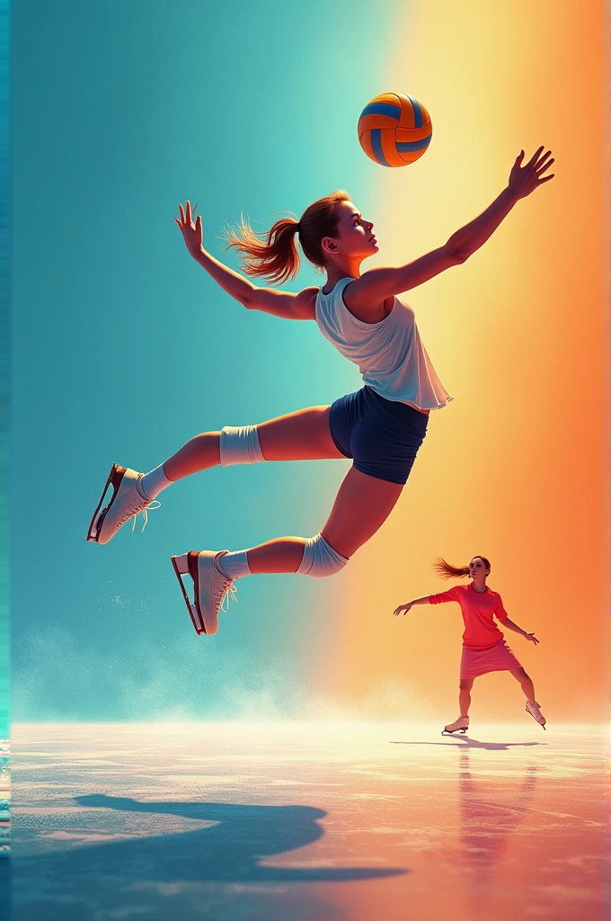 *Title:* Stitches and turns
*Image:* Una Image que combina elementos del voleibol y el patinaje artístico.. For example, A photo of a girl jumping in tennis shoes to finish a point in volleyball., While another skates in the background, Creating an ice circle around the volleyball court..
*colors:*
- Fund: A gradient that goes from light blue (representing the skating rink) to deep orange (Representing the passion and energy of volleyball).
- Title: White or silver, Stand out against the background.
*Additional Elements:*
- A volleyball and a figure skater intertwined, symbolizing the union of the two protagonists and their passions.
- Un subTitle que capture la esencia de la historia., as "A love that goes beyond the court and the track