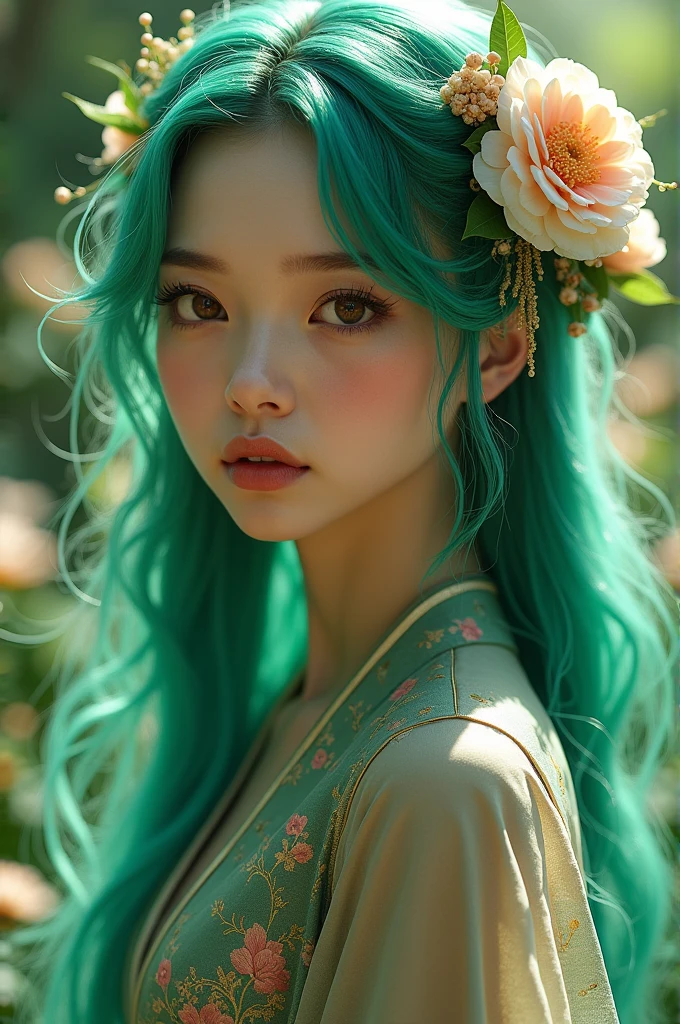 Green hair, beautiful woman, long hair, Chinese dress, flower decoration on head