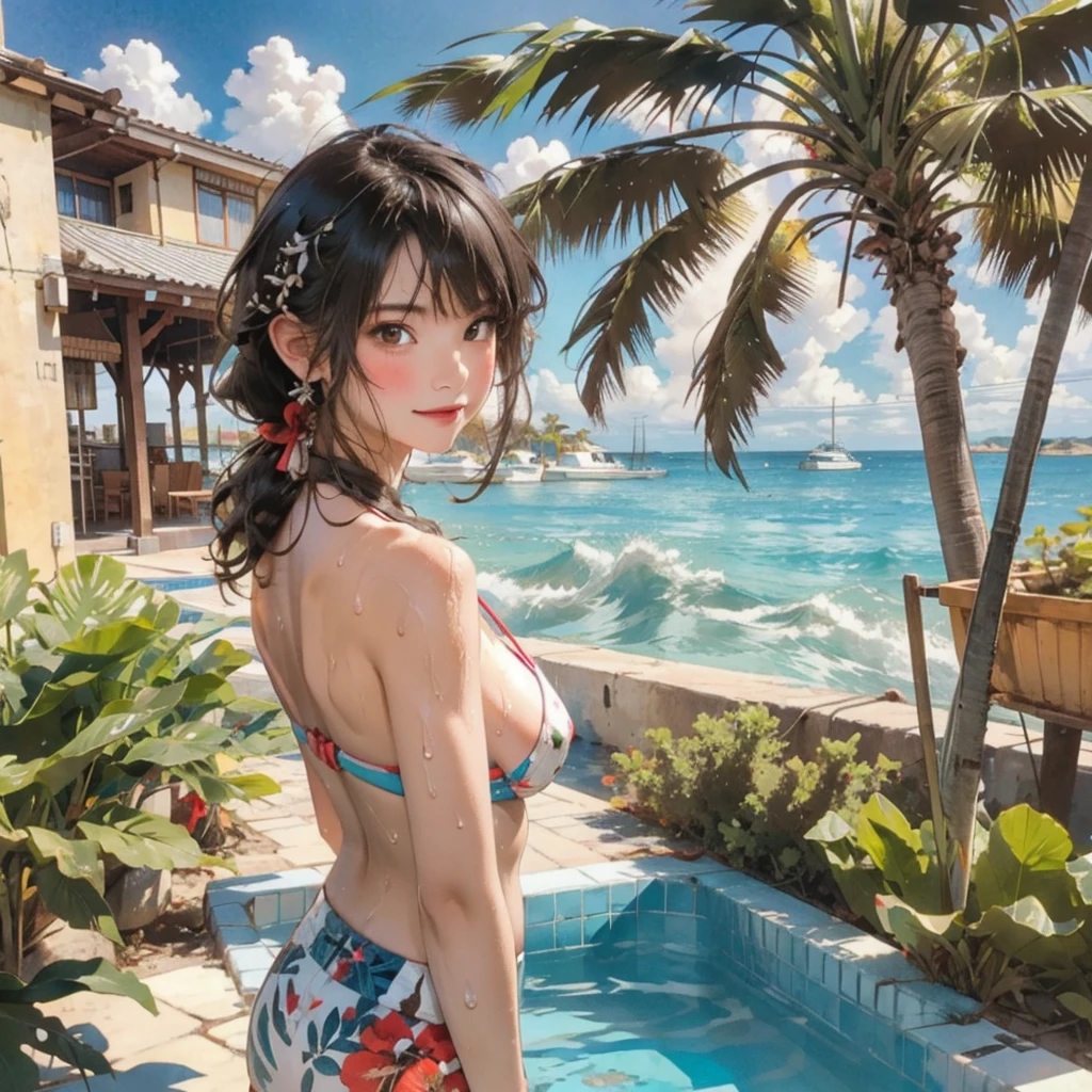 ((highest quality, masterpiece, High resolution)), ((reality)),Photos of beautiful Japanese women,((anime art))、 (((1 girl))), normal size breasts, slim body shape, long ponytail,double eyelid, Wet see-through micro bikini, A pareo with bold ethnic patterns and plenty of primary colors、(Brown skin:1.4),realistic skin、Wet,whole body,cinematic light、tropical、Against the background of palm trees on both sides、on a sunny beach、With the sea in the background、blur background、smile