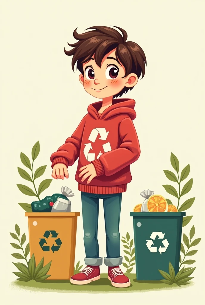 Create a drawing of a teenager with short hair, big eyes and a cherry-colored sweatshirt recycling with an easy-to-draw style