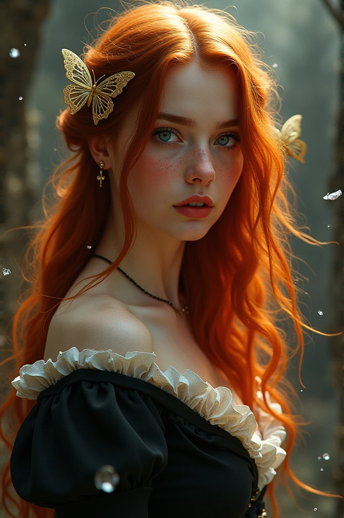 (solo, full body photo:1.3), (action packed:1.3), (haze, fog, mist:1.3), chiaroscuro, best quality, photorealistic, 1woman, (cute), (24yo:1.2), redhead, long ginger hair highly detailed, 1700'S, digital photography, art by artgerm and ruan jia and greg rutkowski surreal painting gold butterfly filigree, broken glass, (masterpiece, sidelighting, finely detailed Fashionable eyes: 1.2) (perfect oval large eyes that gazes at the viewer), beautiful detailed face, blue gorgeous perfect eyes, (blonde hair ponytail), (attractive young woman:1.3), (thick amazing hair), (seductive:1.1), (blushing:1.1)