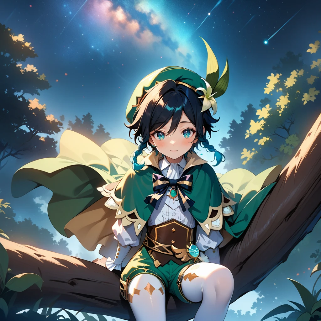 (best quality,4k,8k,highres,masterpiece:1.2),1boy,venti_\(genshin_impact\),sitting in tree,(face focus,detailed face and clear eyes),flat chest,realistic:.5,night time,ladyshadow,bluegreen eyes,mysterious smile,green cape,white long sleeved shirt,leather corset,(puffy green shorts),(plain white tights),green hat, dark night scene, starry sky with nebula,dark,low light,deep blue lighting,