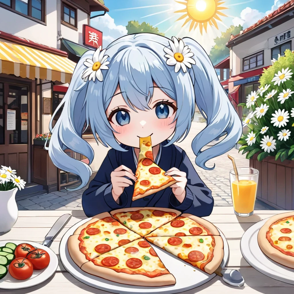Light blue long hair、Cute chibi character with twin tails、Eating a big pizza、A deliciously beautiful smile、Cheese is smeared all over his cheeks.、A bright cafe with lots of sunlight、A lot of white daisies are displayed、My pet miniature schnauzer is with me.