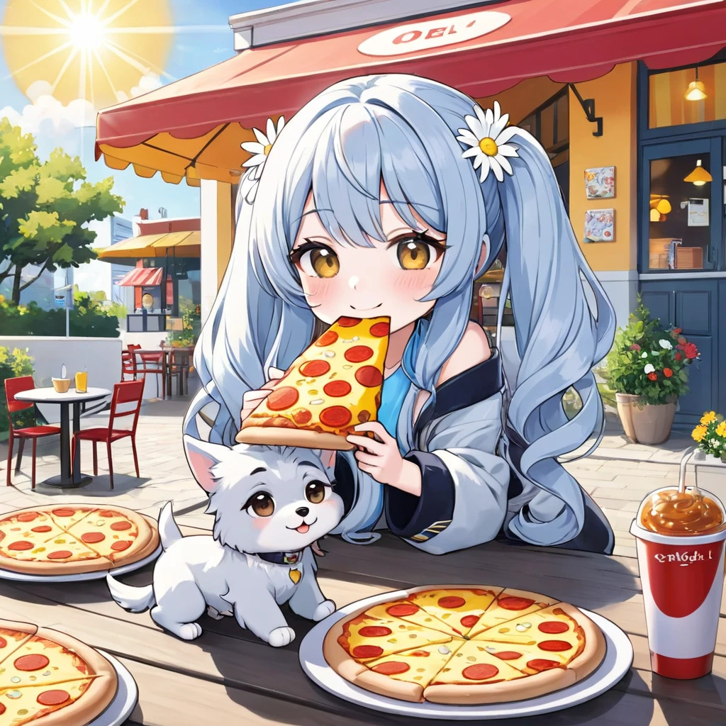 Light blue long hair、Cute chibi character with twin tails、Eating a big pizza、A deliciously beautiful smile、Cheese is smeared all over his cheeks.、A bright cafe with lots of sunlight、A lot of white daisies are displayed、My pet miniature schnauzer is with me.