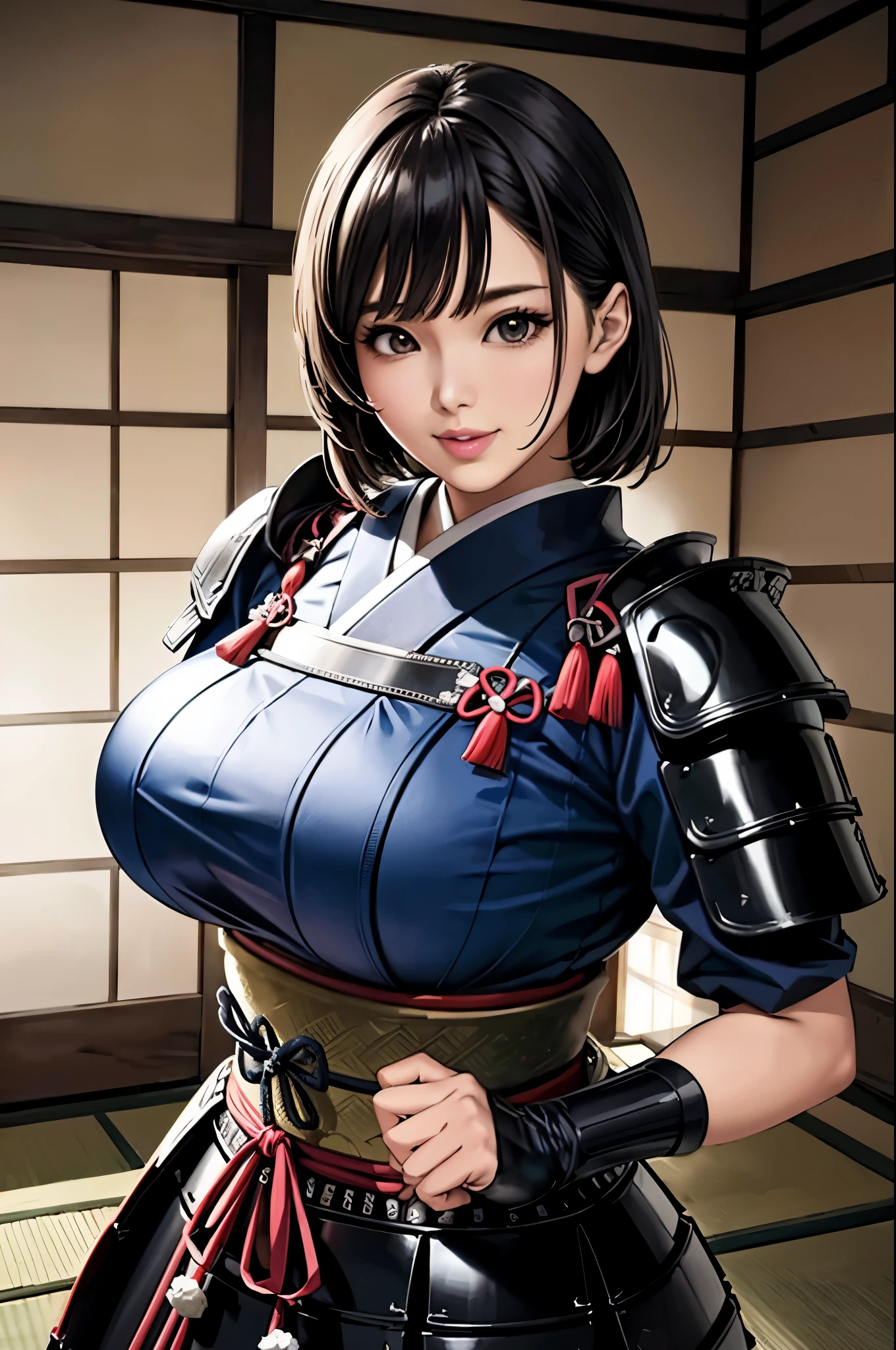 (Browsing Caution), (RAW Photos), (Realistic), (Photorealistic), Ultra-high resolution, masterpiece, Highest quality, Portraiture, facial Portraiture, Perfect lighting, Detailed lighting, Dramatic Shadows, Ray Tracing, Pure Eros Face_v1, Urzan-6500-v1.1, (1 beautiful Japanese woman), ((gentle smile)), ((upper body:1.2)), ((random standing pose)), looking at viewer, ((wearing a samurai armor)), ((in old Japanese castle)),