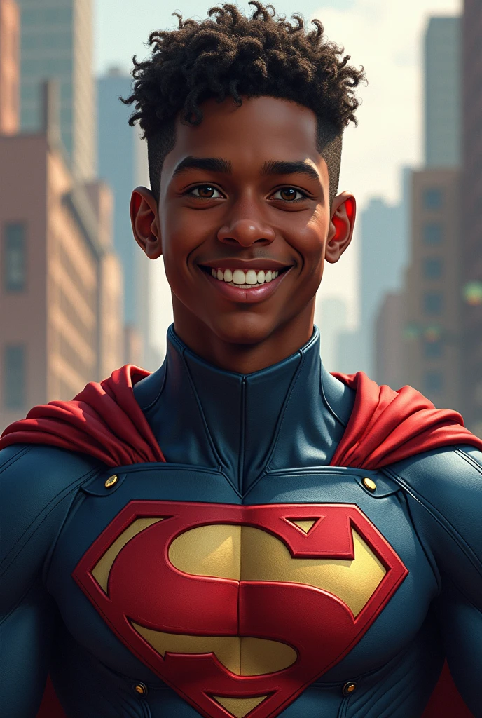 An Teenager African American superman with a T instead of his S in the middle of his torso displaying a smile and a cold but confident look