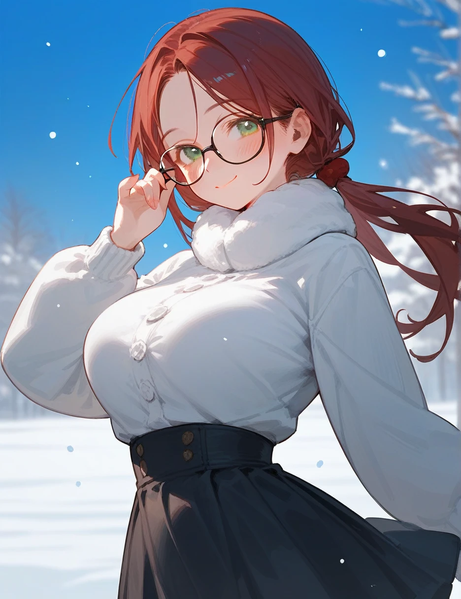 winter, , score_9_up,score_8_up, 1girl, solo, green eyes, burgundy hair, twin low tails, long hair, ((blush)), closed mouth, smile, big breast, pose, (thin girl:1.2), glasses, black skirt, blue sky