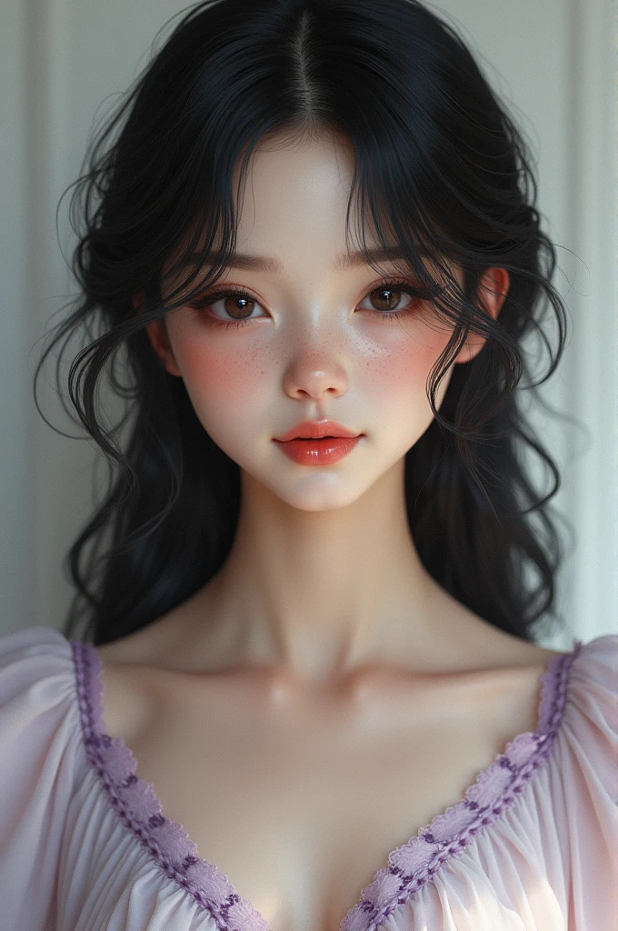 Girl with jet black hair, pale and freckled skin, red lips and charming smile, wearing a white dress with purple details