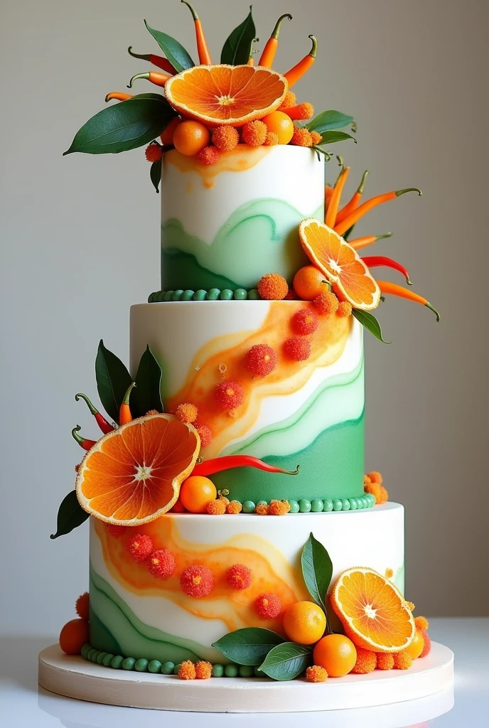 
White orange and green wedding cake can see some spicy sweets
