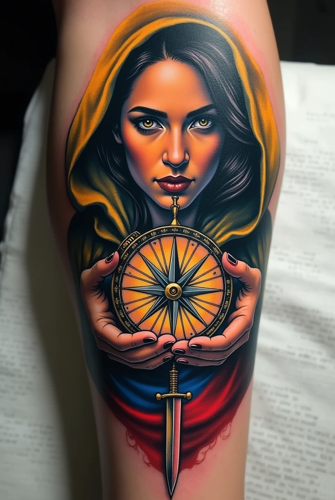 Create a tattoo with a magician holding a compass and inside the compass a knife pointing north with the colors of Colombia. For the forearm 
