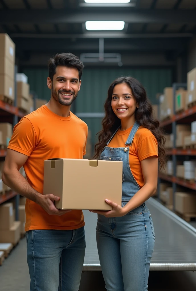 (photorealism:1.2), A boy (man) and a girl (women), mexicans, both 27 years old, chargers, Orange shirt, jeans, Loading packages and boxes, in the background there is a warehouse of a house of materials, with load belt, SECURITY