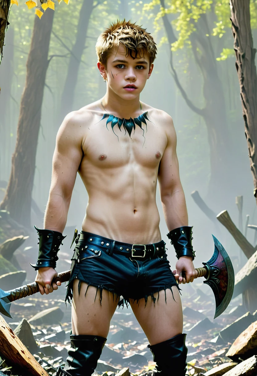 Salacious homoerotic Fantasycore twink setting. Shirtless.  Cute barechested Connor Jessup. (Hyperdetailed full-body photo of an 19-year-old twink barbarian adorable Connor Jessup attacking skeletons with an axe, dynamic action pose, colorful fantasy setting ), (( photo-realistic (image of cute salacious 19-year-old skinny emo barbarian with emo), resembling cute emo pop star Connor Jessup)) ((Not muscular body. Slender build. Emaciated. )).  Skinny body. Cute face. 