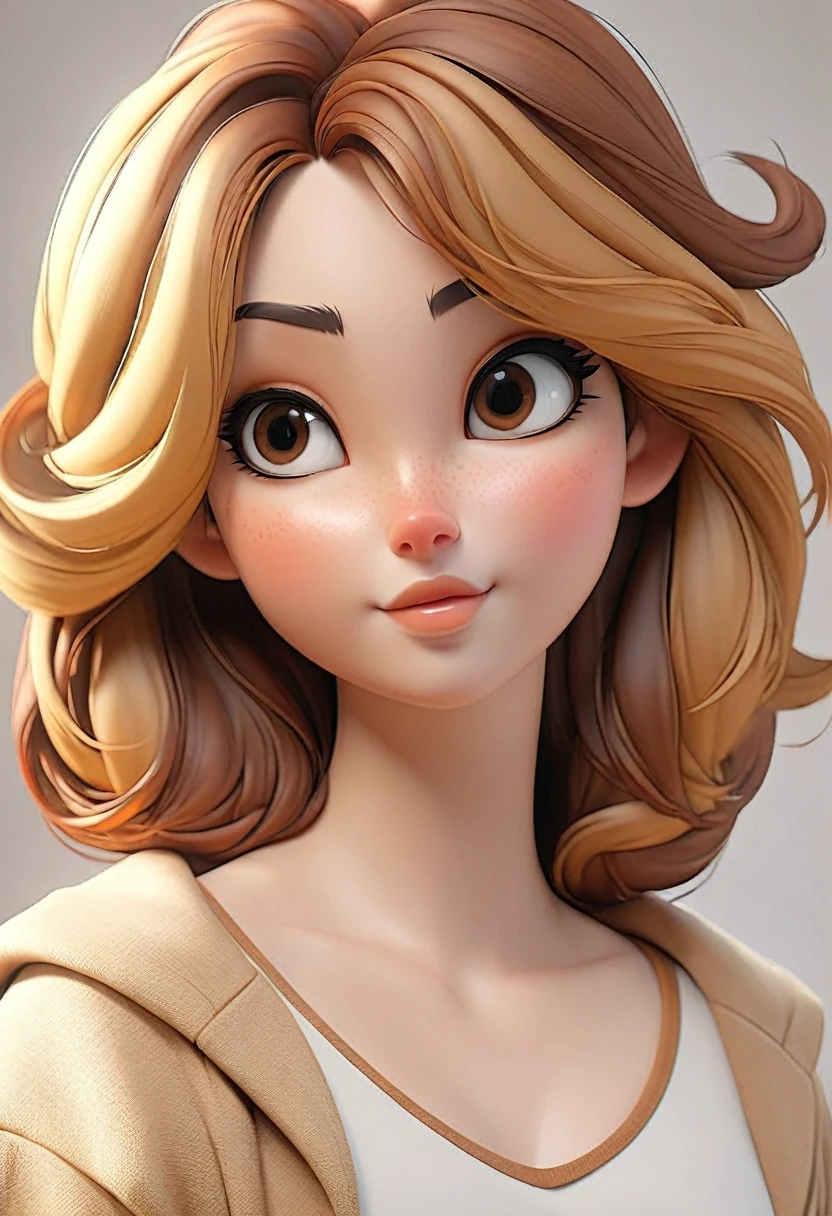 Woman with brown hair and blonde highlights, 155 cm, chubby, brown dark eyes, wide nose, Round face