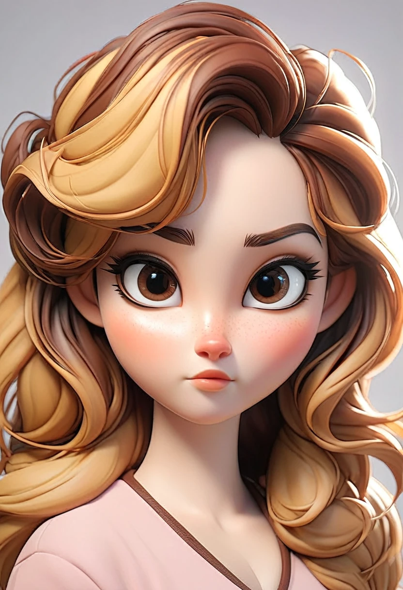 Woman with brown hair and blonde highlights, 155 cm, chubby, brown dark eyes, wide nose, Round face