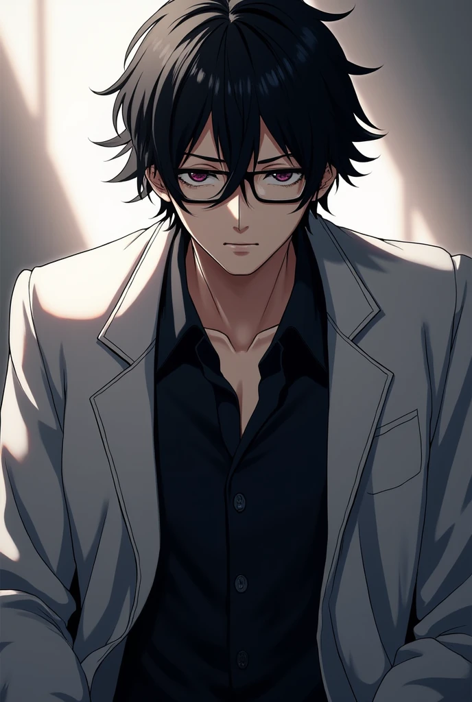 Anime style,man,black hair,glasses,lab coat,black theme