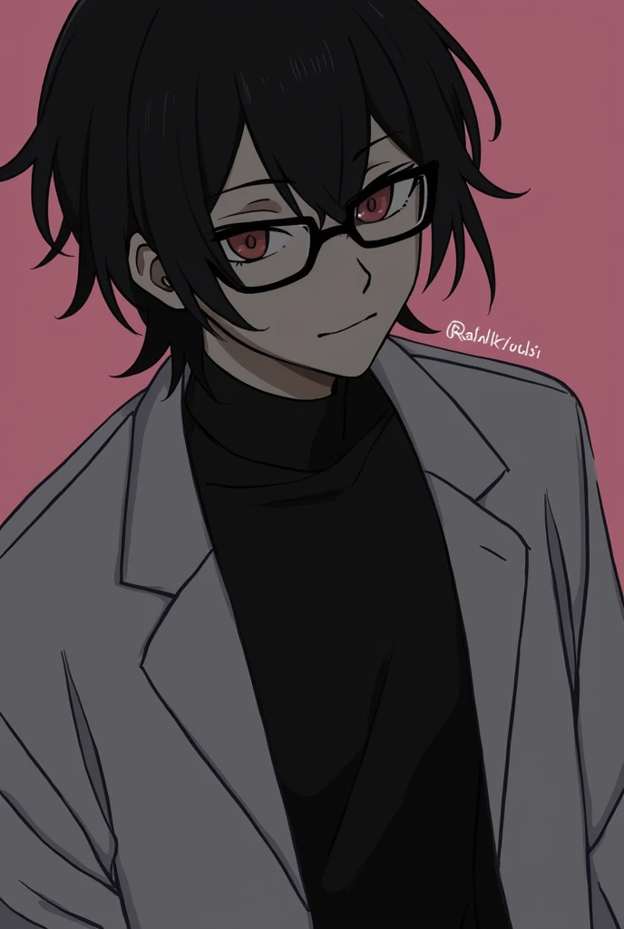 Anime style,man,black hair,glasses,lab coat,black theme