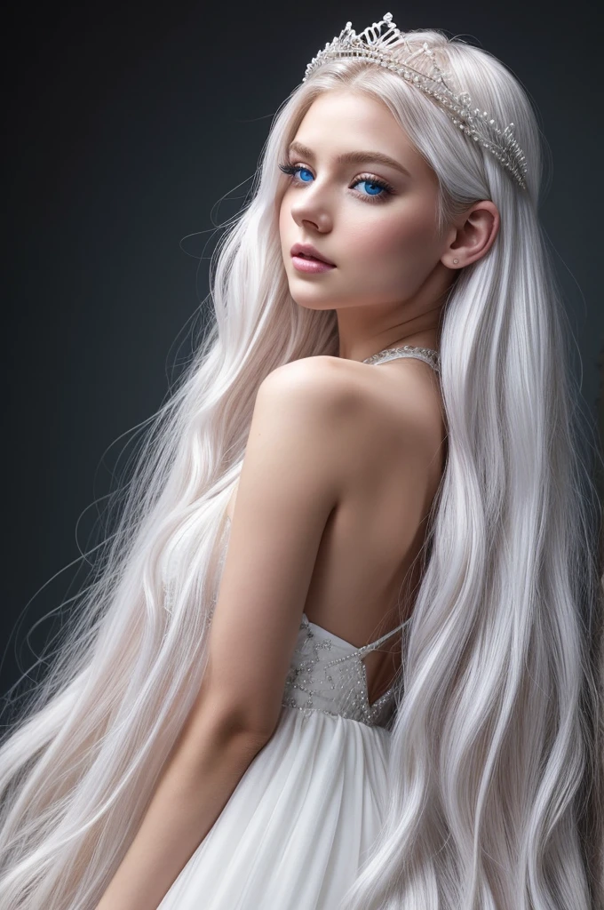 princesselise:
hairs: white, longos e ondulados, falling gracefully down her back. She keeps them impeccable and often adorned with a small crown..
Skinned: pale and delicate, with a light natural blush that contrasts gently with her light eyes.
eyeballs: Bright and mysterious blues.
