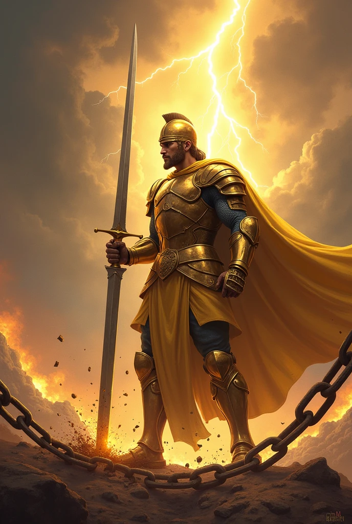 Description of the cover: fund: O fund da capa deve ser uma paisagem com luz do céu, maybe a sky and lightning flashing in the distance. This setup creates an epic, intense and bright tone.. some points of light floating around the Soldier: In the center of the cover, there is an imposing soldier, dressed in shining golden armor based on Ephesians 6 from the Bible with helmet and details, e ao fund uma grande bíblia transparente Ação: The soldier is in a dynamic pose, holding a large, powerful sword that cuts through heavy chains. your face should not show chains being destroyed The chains break in several directions, with fragments flying around, many broken chains symbolizing liberation and breaking of bonds. expression: your posture conveys strength and confidence. Additional Detail: Add glow elements, lots of light around his head and light around the broken chains and sword to highlight the action and the sense of power. Small touches of light can also be added to the armor to give it a more heroic effect author damaris axe at the bottom 