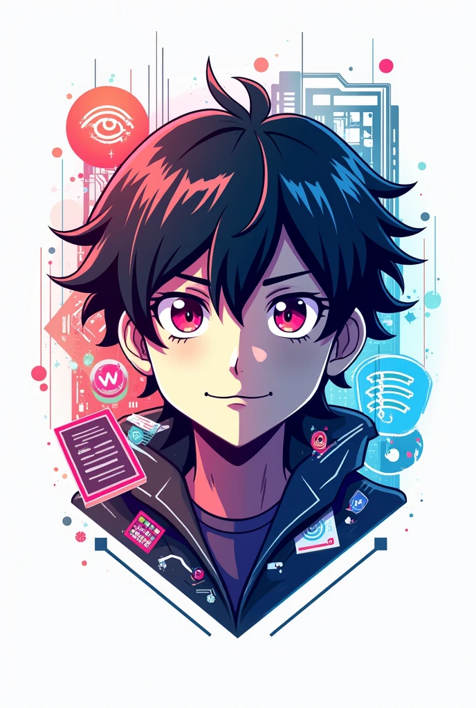 Create a logo image for your Facebook page profile ( technological color image, that has to do with school, education, book reading, newspaper, cellular, computer) put in the logo, the face of an anime style boy, the boy's face, metade humano, half robot.