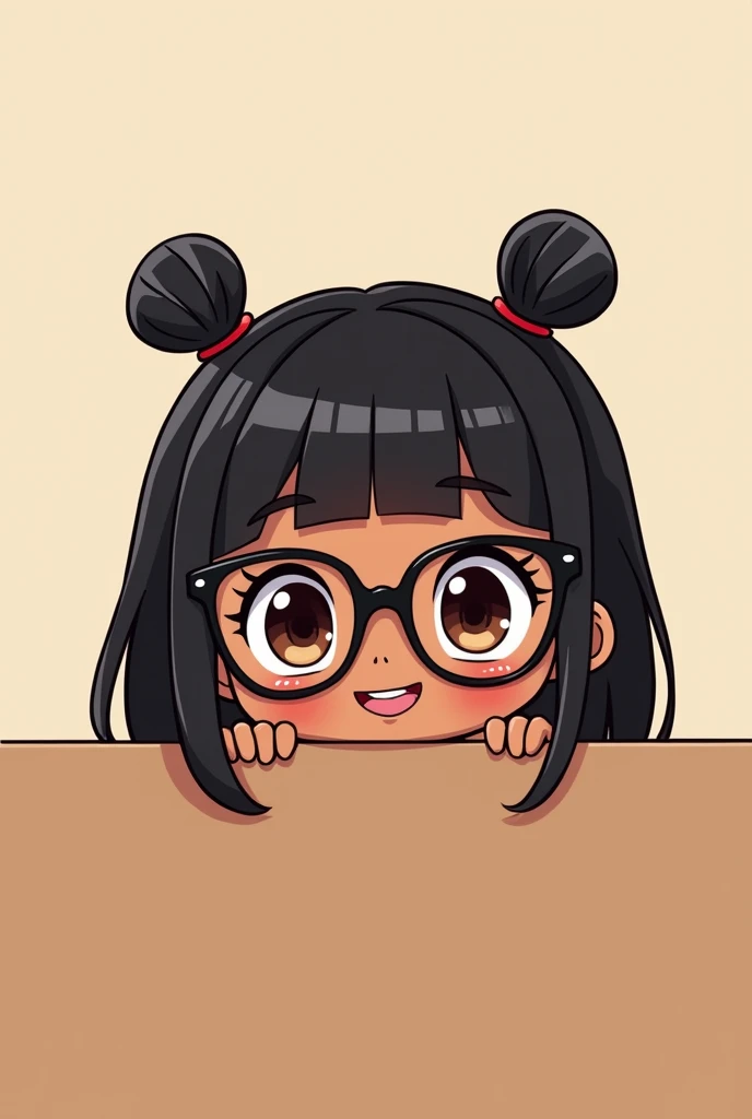 Chibi, anime, black girl, straight hair, peaking over glasses, smiling, stylish, brown eyes, wearing glasses