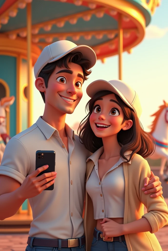 disney pixar cover, a couple where the man holds his cell phone with his left hand and takes the photo, He looks smiling with a cap, his shirt is white and closed and next to him is she with a pleasant smile, white cap has a white shirt with a slightly low-cut jacket and behind them you can see a carousel of horses