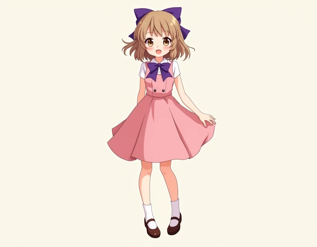 cute anime girl with shoulder length, slightly wavy light brown hair, purple bow in hair, wearing a 1950s-styled sleeveless pink dress with peter pan collars and hemline above the knees, a pair of mary jane shoes and socks. plain background.