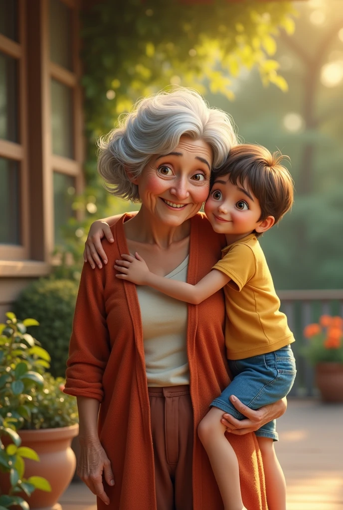 Image of a grandmother carrying her grandson on her side, who is wearing blue shorts 