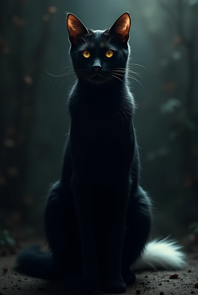 a black cat with a white tail tip