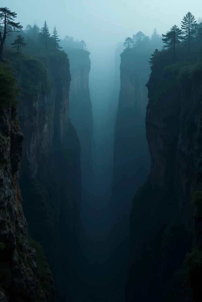 A panoramic photo of the abyss, in the dark of night, with the forest stretching as far as the eye can see. The depth and darkness of the abyss convey a feeling of vertigo