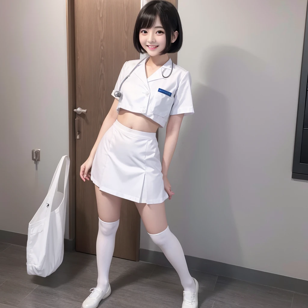 White knee-high socks、White nurse uniform、White pumps、Japanese、whole body、Black Hair、short hair、Standing posture、smile、One person、High resolution、Gaze、Anatomically correct、Highest quality、20-year-old、Her belly button is visible