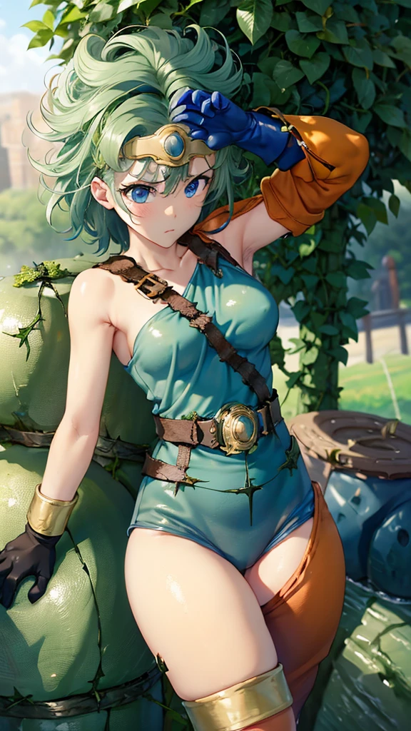(((SFW、sound、Highest quality、Top notch work、Normal body、、Detailed face、Ultra-precision、normal hand、Normal refer、5refer、Highest)))、beautiful girl、Black Hair、yamato nadeshiko、Small breasts、Shortcuts、Blue leotard、Shoulder Off、Red Cape、Circlet、Dragon Quest、forest、(((stone punishment,Held on a cross、His hands are tied with vines、Both legs are tied with vines:1.5)))
