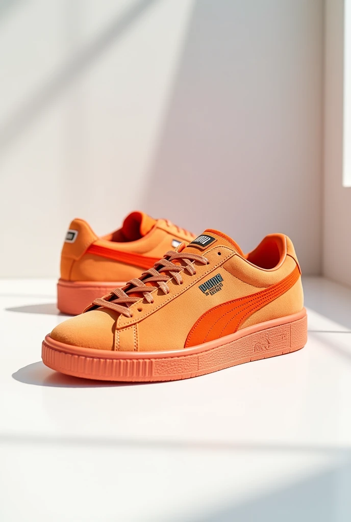 Create a spectacular 3D illustration of the Suede XL PUMA x CARROTS sneakers, showcasing every detail in high resolution. The shoes should be displayed prominently against a clean, white background to highlight their unique design. Emphasize the texture of the suede material, the vibrant orange accents, and the collaborative branding, capturing the essence of the PUMA x CARROTS collaboration. The illustration should convey a sense of depth and realism, making the sneakers appear as if they are ready to be worn